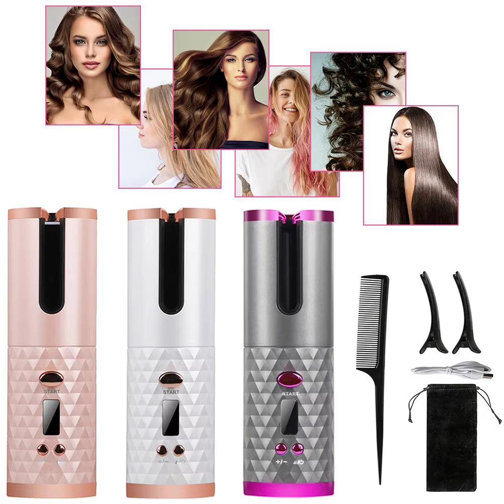 Cordless Automatic Curling Iron Hair Curler Portable Rechargeable Lazy Hair Curler LCD Display Ceramic Curly Rotating Wave Styer - Bellarevive.Store