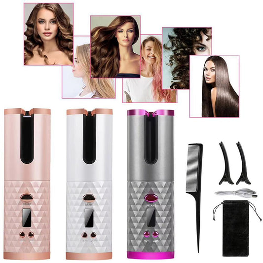 Cordless Automatic Curling Iron Hair Curler Portable Rechargeable Lazy Hair Curler LCD Display Ceramic Curly Rotating Wave Styer - Bellarevive.Store