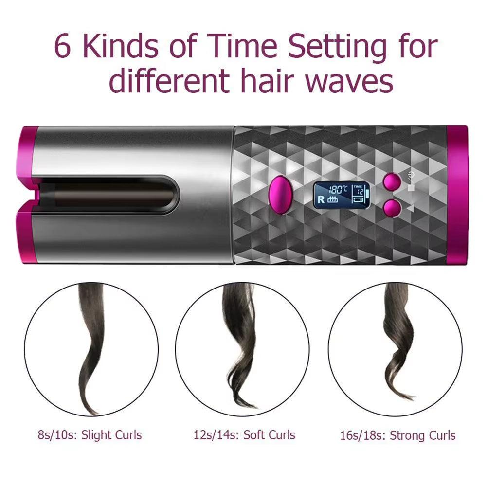 Cordless Automatic Curling Iron Hair Curler Portable Rechargeable Lazy Hair Curler LCD Display Ceramic Curly Rotating Wave Styer - Bellarevive.Store