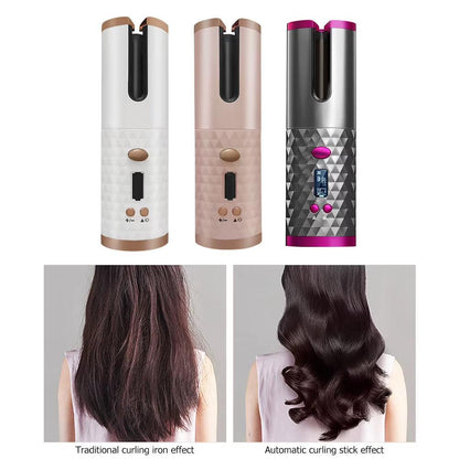 Cordless Automatic Curling Iron Hair Curler Portable Rechargeable Lazy Hair Curler LCD Display Ceramic Curly Rotating Wave Styer - Bellarevive.Store